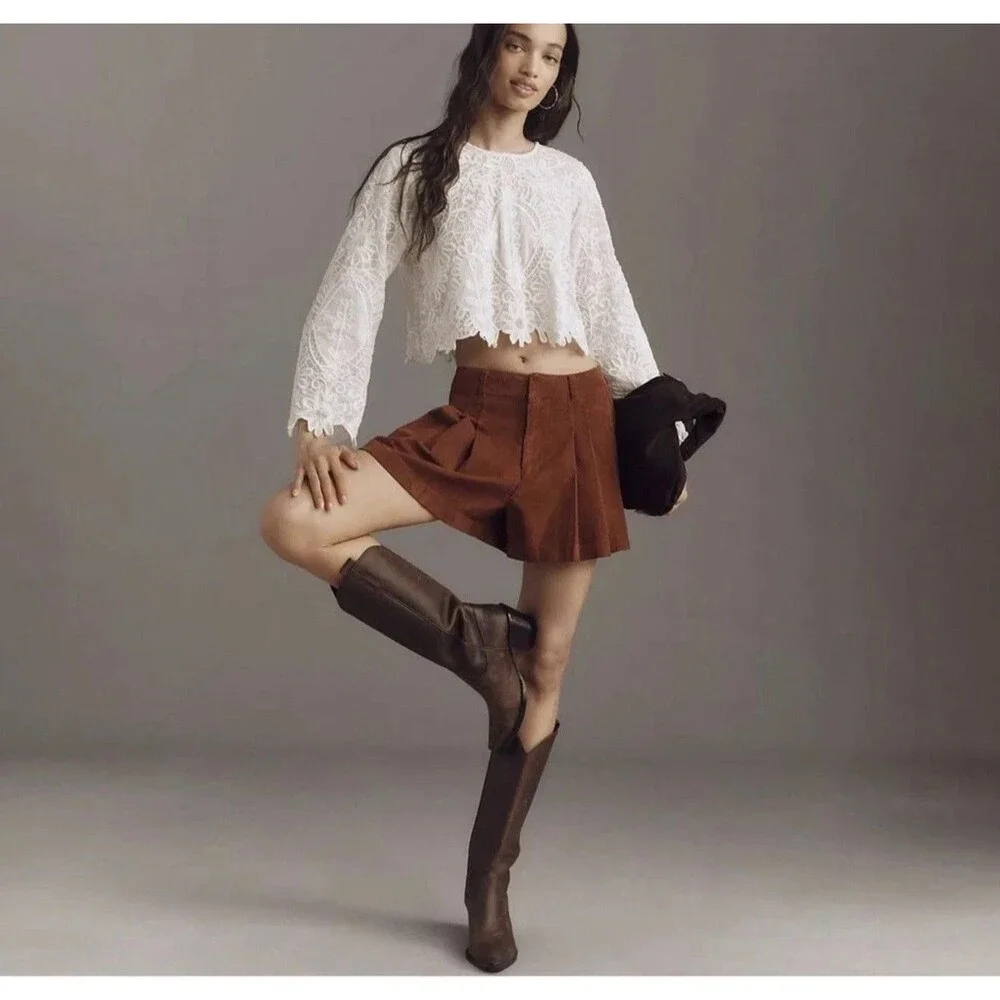 NWT Anthropologie Pilcro Women's Size 28 Corduroy Pleated Skirty Shorts Brown - Picture 2 of 10